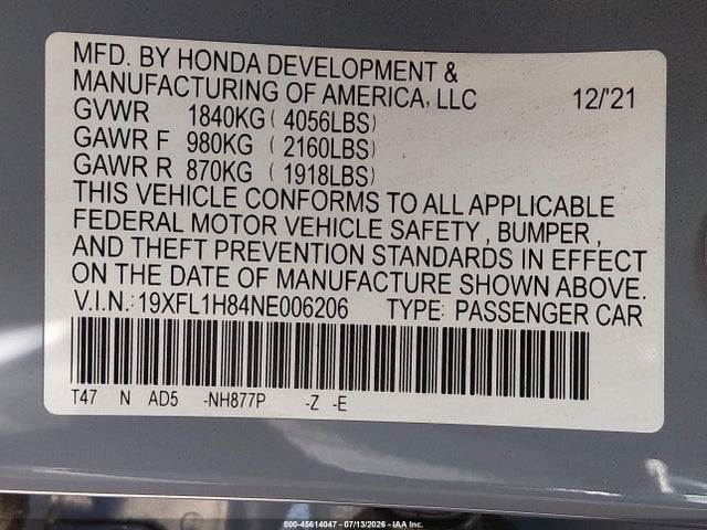 Auction sale of the 2022 Honda Civic Sport Touring, vin: 19XFL1H84NE006206, lot number: 45614047