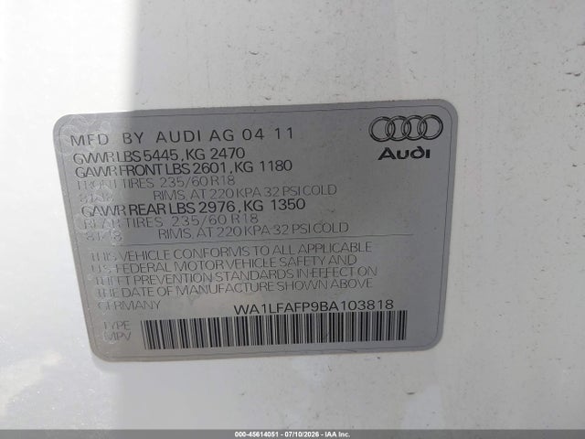 Продажа на аукционе авто 2011 Audi Q5 2.0t Premium, vin: WA1LFAFP9BA103818, номер лота: 45614051