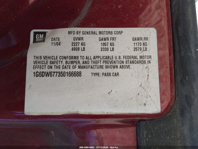 45614062 :رقم المزاد ، 1G6DW677350166688 vin ، 2005 Cadillac Sts V6 مزاد بيع