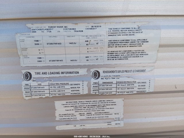45614065 :رقم المزاد ، 4X4TCKB27LK063517 vin ، 2020 Cherokee Travel Trailer مزاد بيع