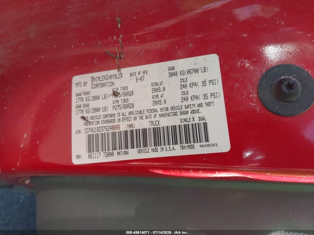 Продаж на аукціоні авто 2007 Dodge Ram 1500 Slt/trx4 Off Road/sport, vin: 1D7HU18237S248086, номер лоту: 45614071