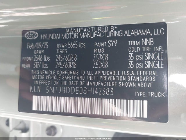 Продаж на аукціоні авто 2025 Hyundai Santa Cruz Sel, vin: 5NTJBDDE0SH142383, номер лоту: 45614073