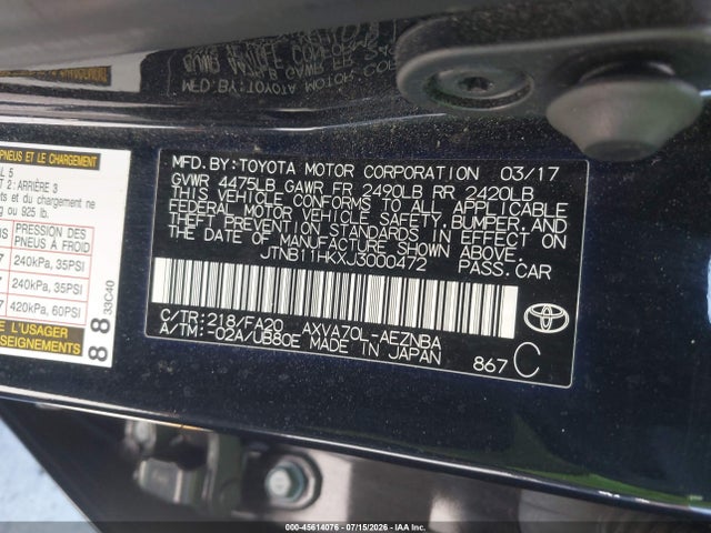 Aukcja sprzedaży 2018 Toyota Camry Le, vin: JTNB11HKXJ3000472, numer aukcji: 45614076