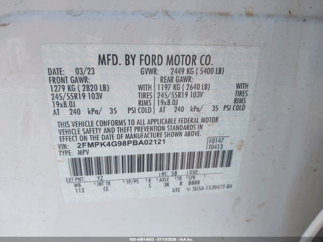 45614083 :رقم المزاد ، 2FMPK4G98PBA02121 vin ، 2023 Ford Edge Se مزاد بيع