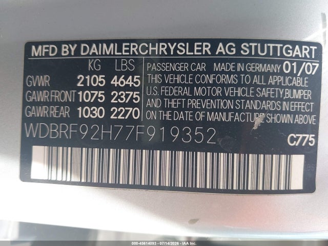 Aukcja sprzedaży 2007 Mercedes-benz C 280 Luxury 4matic, vin: WDBRF92H77F919352, numer aukcji: 45614093