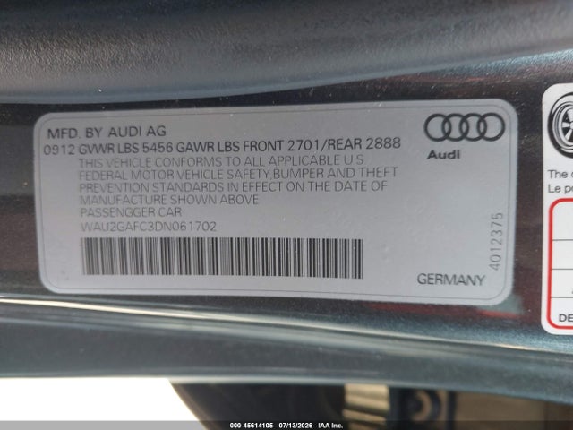 Продажа на аукционе авто 2013 Audi A7 3.0t Premium, vin: WAU2GAFC3DN061702, номер лота: 45614105
