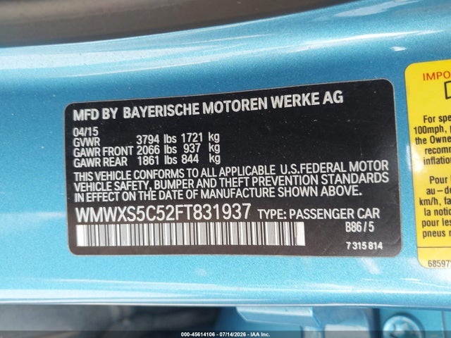 Продаж на аукціоні авто 2015 Mini Hardtop Cooper, vin: WMWXS5C52FT831937, номер лоту: 45614106