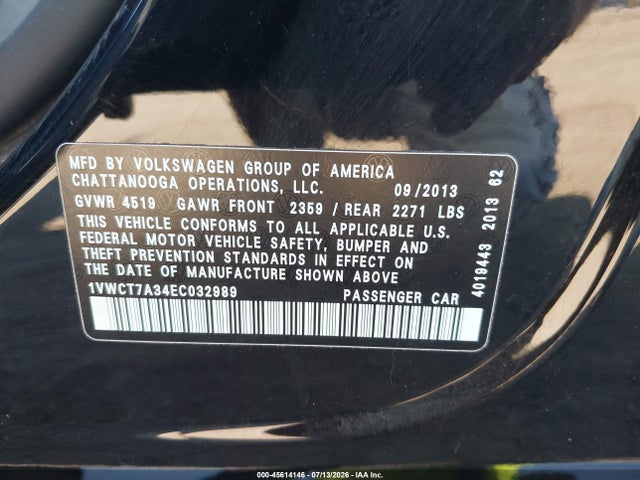 2014 Volkswagen Passat 1.8t Sel Premium მანქანა იყიდება აუქციონზე, vin: 1VWCT7A34EC032989, აუქციონის ნომერი: 45614146