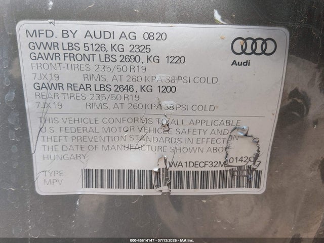 45614147 :رقم المزاد ، WA1DECF32M1014207 vin ، 2021 Audi Q3 Premium 45 Tfsi S Line Quattro Tiptronic مزاد بيع