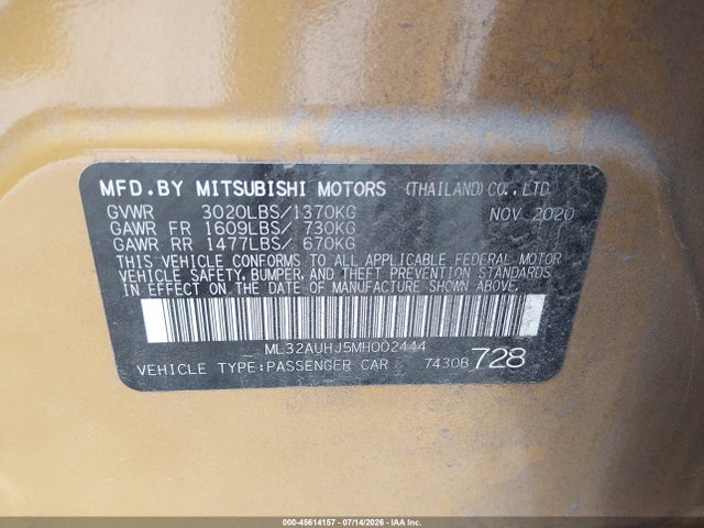 2021 Mitsubishi Mirage მანქანა იყიდება აუქციონზე, vin: ML32AUHJ5MH002444, აუქციონის ნომერი: 45614157