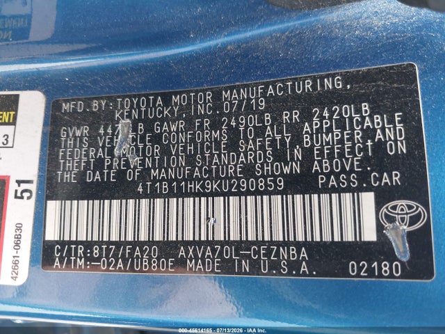 4T1B11HK9KU290859 Toyota CAMRY LE