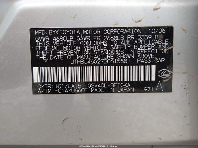 Продаж на аукціоні авто 2007 Lexus Es 350, vin: JTHBJ46G272061588, номер лоту: 45614166