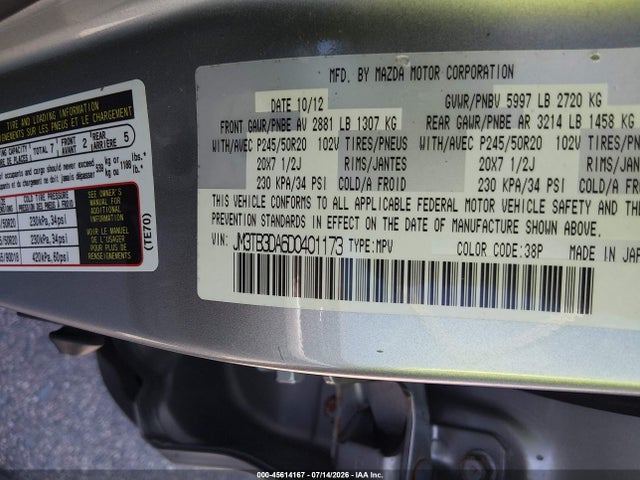 Продаж на аукціоні авто 2013 Mazda Cx-9 Grand Touring, vin: JM3TB3DA6D0401173, номер лоту: 45614167