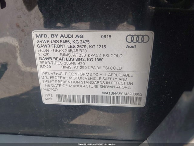 45614179 :رقم المزاد ، WA1BNAFY1J2208952 vin ، 2018 Audi Q5 2.0t Premium/2.0t Tech Premium مزاد بيع