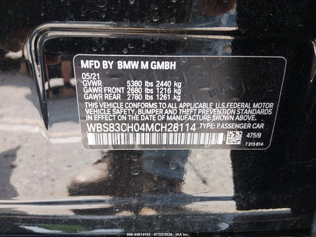 Продаж на аукціоні авто 2021 Bmw M5, vin: WBS83CH04MCH28114, номер лоту: 45614183