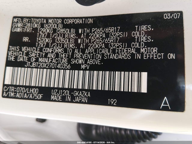 45614185 :رقم المزاد ، JTJBT20X270140356 vin ، 2007 Lexus Gx 470 مزاد بيع