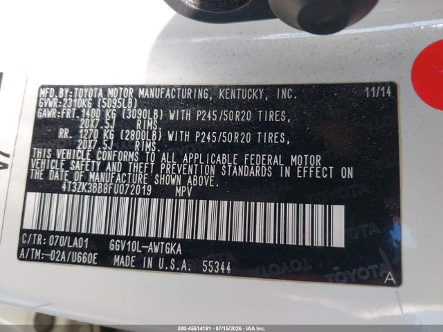 4T3ZK3BB8FU072019 Toyota Venza Xle V6