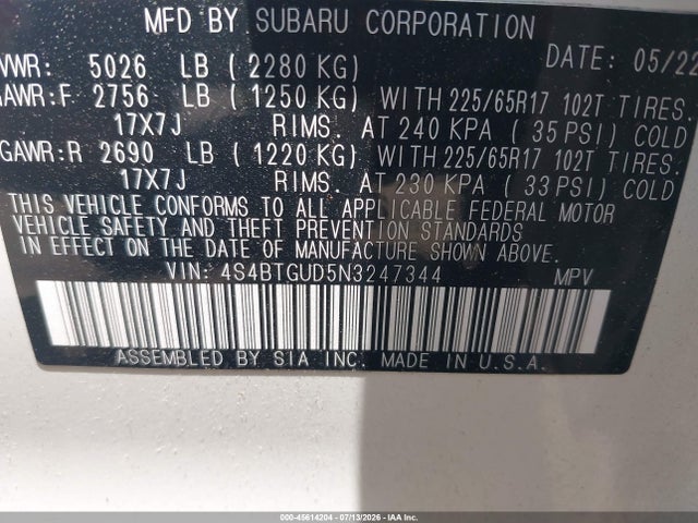 45614204 :رقم المزاد ، 4S4BTGUD5N3247344 vin ، 2022 Subaru Outback Wilderness مزاد بيع