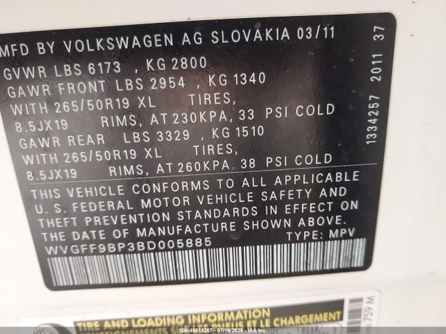 2011 Volkswagen Touareg Vr6 Lux მანქანა იყიდება აუქციონზე, vin: WVGFF9BP3BD005885, აუქციონის ნომერი: 45614207