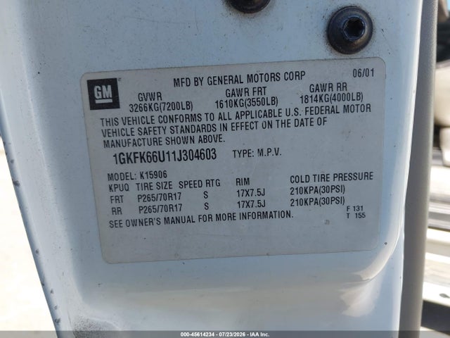 Aukcja sprzedaży 2001 Gmc Yukon Xl 1500 Denali, vin: 1GKFK66U11J304603, numer aukcji: 45614234
