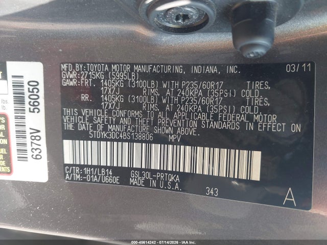 Продаж на аукціоні авто 2011 Toyota Sienna Xle V6, vin: 5TDYK3DC4BS138806, номер лоту: 45614242
