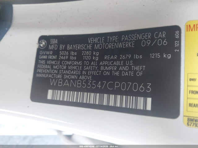 Aukcja sprzedaży 2007 Bmw 550i, vin: WBANB53547CP07063, numer aukcji: 45614246