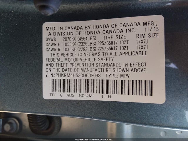 45614253 :رقم المزاد ، 2HKRM4H52GH608098 vin ، 2016 Honda Cr-v Ex مزاد بيع