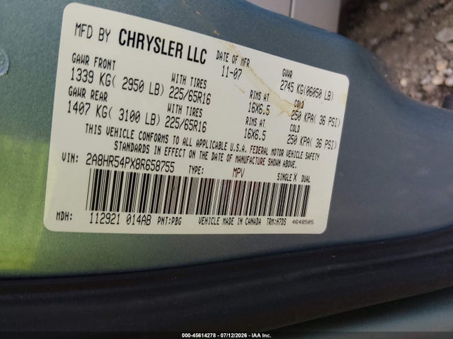 2008 Chrysler Town & Country Touring მანქანა იყიდება აუქციონზე, vin: 2A8HR54PX8R658755, აუქციონის ნომერი: 45614278