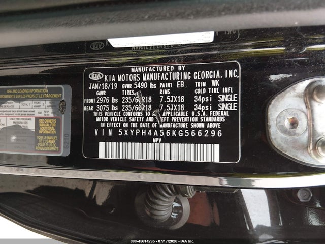Aukcja sprzedaży 2019 Kia Sorento 3.3l Ex, vin: 5XYPH4A56KG566296, numer aukcji: 45614295