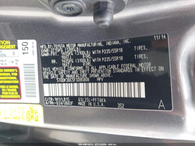 Продажа на аукционе авто 2015 Toyota Sienna Limited Premium 7 Passenger, vin: 5TDDK3DC5FS095808, номер лота: 45614313