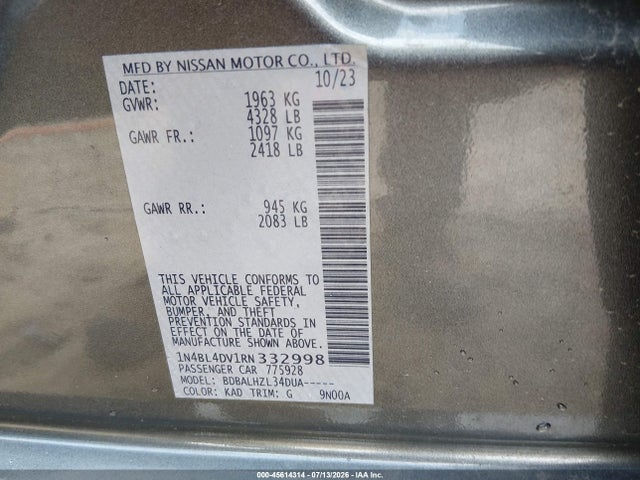 Продажа на аукционе авто 2024 Nissan Altima Sv Fwd, vin: 1N4BL4DV1RN332998, номер лота: 45614314