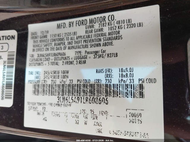 45614330 :رقم المزاد ، 3LN6L5A91LR608606 vin ، 2020 Lincoln Mkz Standard مزاد بيع