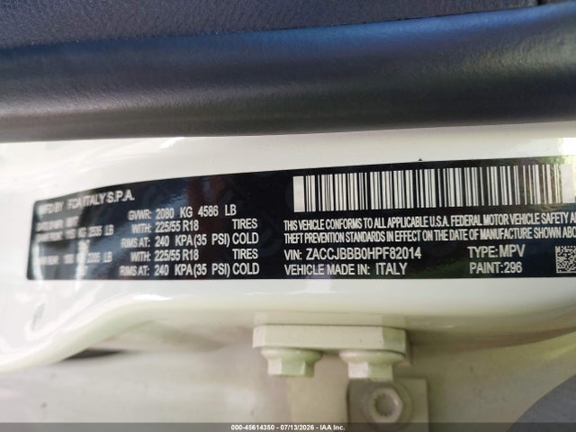 Aukcja sprzedaży 2017 Jeep Renegade Altitude, vin: ZACCJBBB0HPF82014, numer aukcji: 45614350
