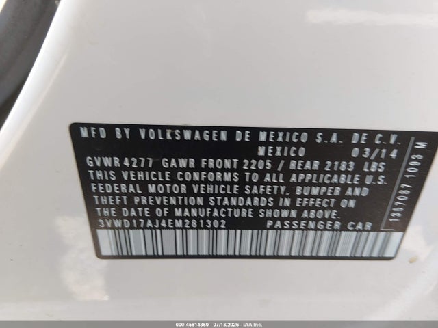 Продажа на аукционе авто 2014 Volkswagen Jetta 1.8t Se, vin: 3VWD17AJ4EM281302, номер лота: 45614360