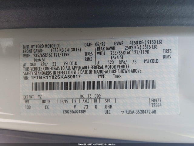 Aukcja sprzedaży 2025 Ford Transit-250, vin: 1FTBR1Y82SKA80617, numer aukcji: 45614377