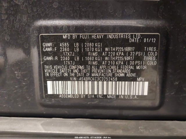 Продаж на аукціоні авто 2012 Subaru Outback 2.5i Limited, vin: 4S4BRCKC3C3252458, номер лоту: 45614379
