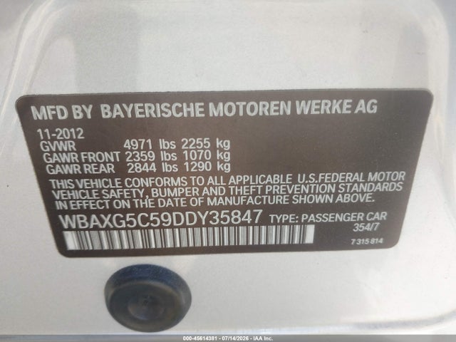 2013 Bmw 528i მანქანა იყიდება აუქციონზე, vin: WBAXG5C59DDY35847, აუქციონის ნომერი: 45614381