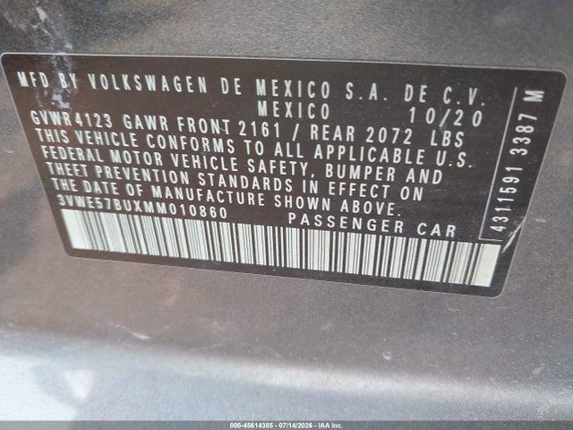 2021 Volkswagen Jetta 1.4t Sel მანქანა იყიდება აუქციონზე, vin: 3VWE57BUXMM010860, აუქციონის ნომერი: 45614385