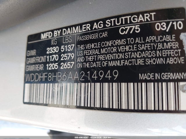 Aukcja sprzedaży 2010 Mercedes-benz E 350 4matic, vin: WDDHF8HB6AA214949, numer aukcji: 45614387