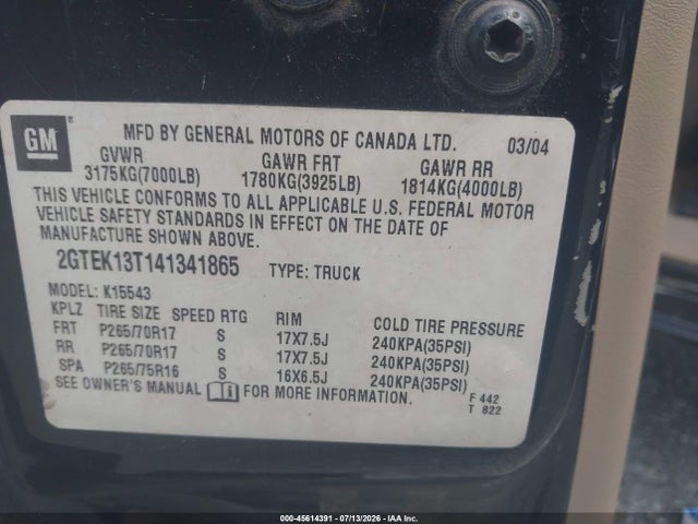 Aukcja sprzedaży 2004 Gmc Sierra 1500 Slt, vin: 2GTEK13T141341865, numer aukcji: 45614391