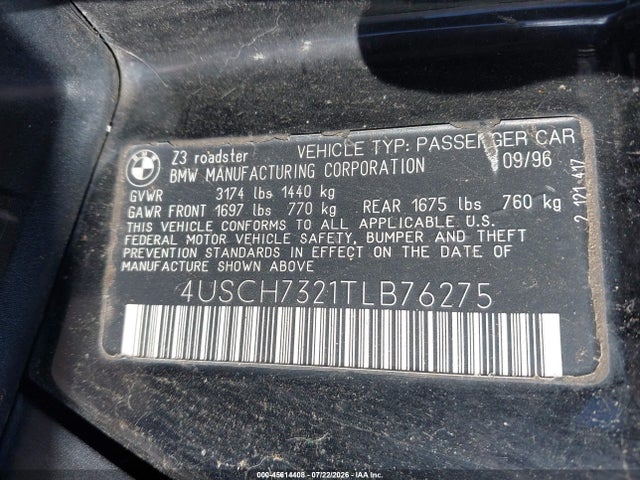45614408 :رقم المزاد ، 4USCH7321TLB76275 vin ، 1996 Bmw Z3 1.9 مزاد بيع