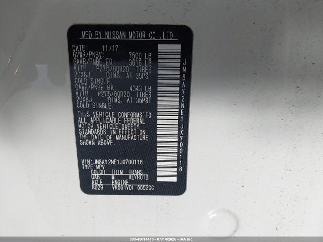 Продажа на аукционе авто 2018 Nissan Armada Platinum, vin: JN8AY2NE1JX700118, номер лота: 45614418