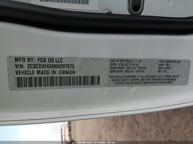 2022 Dodge Charger Gt Rwd მანქანა იყიდება აუქციონზე, vin: 2C3CDXHG6NH207673, აუქციონის ნომერი: 45614439