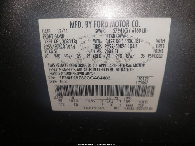 45614444 :رقم المزاد ، 1FMHK8F82CGA84483 vin ، 2012 Ford Explorer Limited مزاد بيع