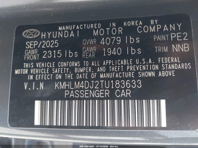 2026 Hyundai Elantra Hybrid Sel Sport მანქანა იყიდება აუქციონზე, vin: KMHLM4DJ2TU183633, აუქციონის ნომერი: 45614447