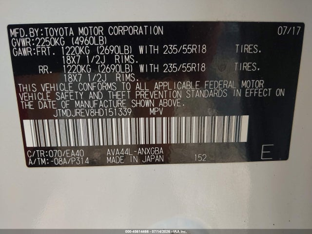 Aukcja sprzedaży 2017 Toyota Rav4 Hv Limited, vin: JTMDJREV8HD151339, numer aukcji: 45614466