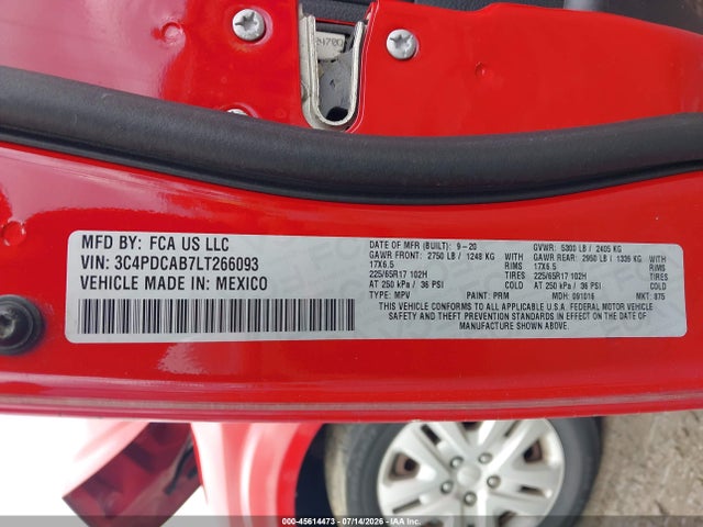 45614473 :رقم المزاد ، 3C4PDCAB7LT266093 vin ، 2020 Dodge Journey Se Value مزاد بيع