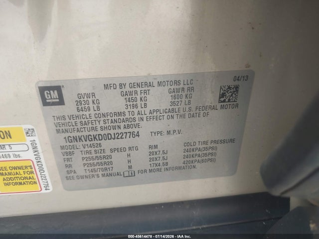 Продаж на аукціоні авто 2013 Chevrolet Traverse Lt, vin: 1GNKVGKD0DJ227764, номер лоту: 45614478