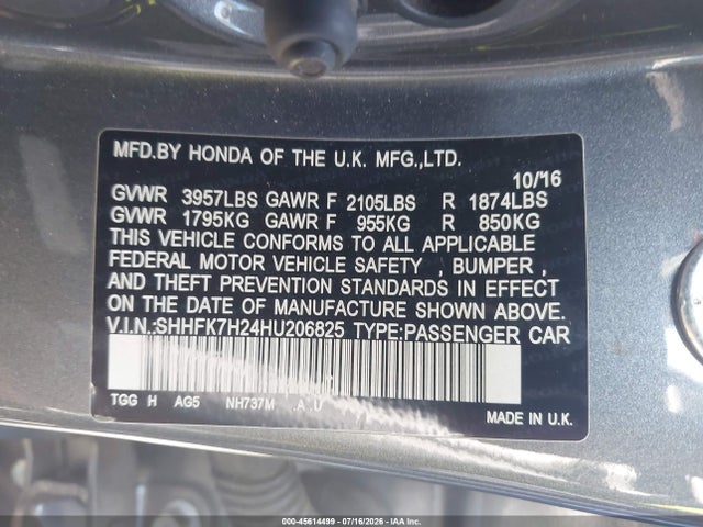 Продаж на аукціоні авто 2017 Honda Civic Lx, vin: SHHFK7H24HU206825, номер лоту: 45614499