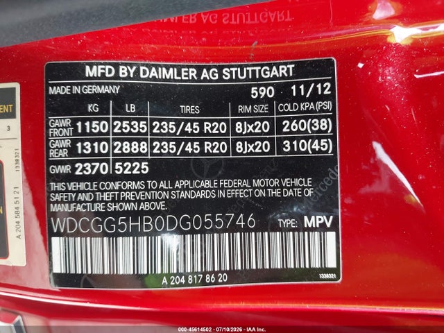 Aukcja sprzedaży 2013 Mercedes-benz Glk 350, vin: WDCGG5HB0DG055746, numer aukcji: 45614502